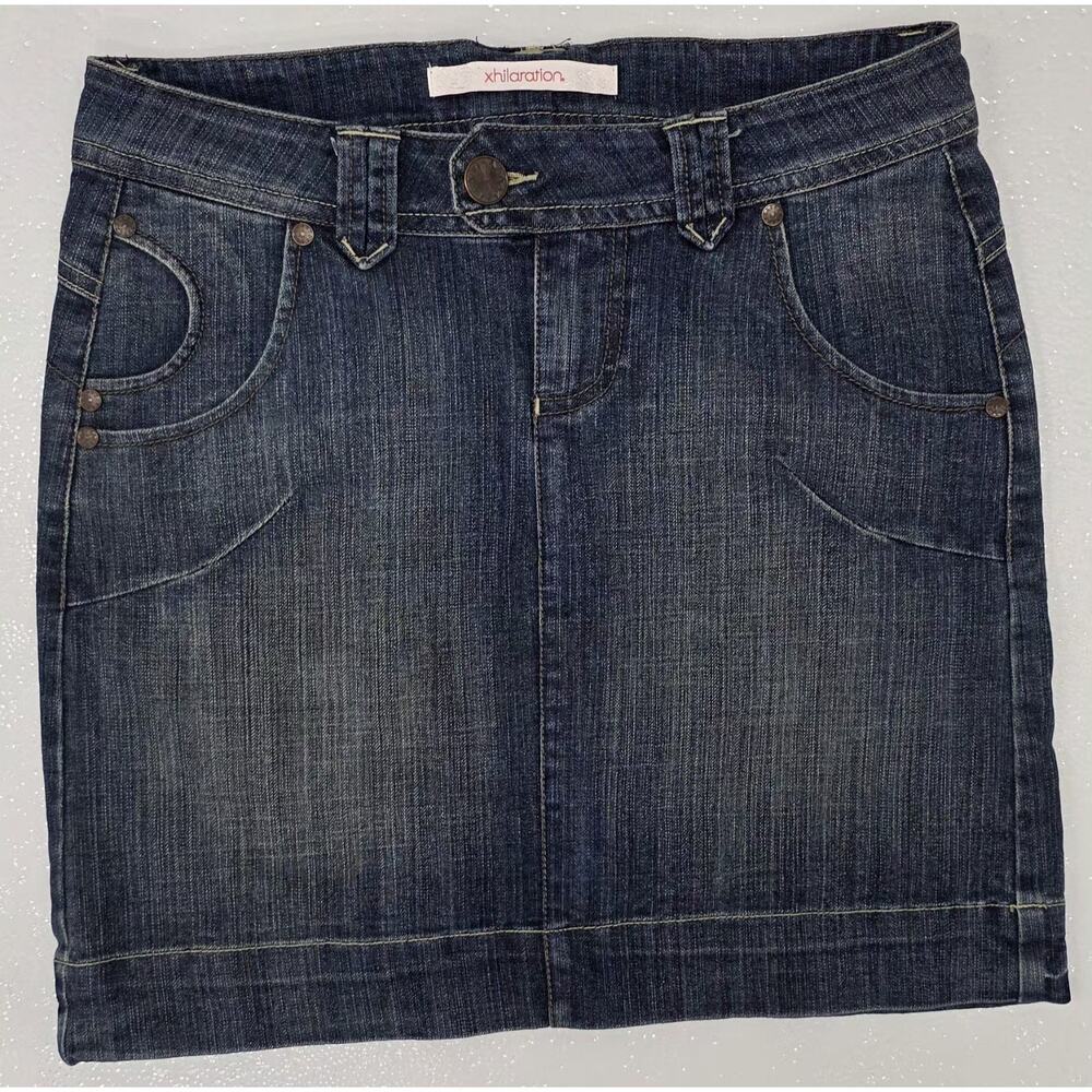 Vintage Xhilaration Y2K Denim Mini Skirt Dark Wash Size 1 Contrast Stitching